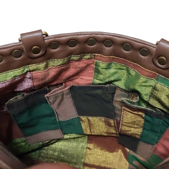 Isabelle Fiore Beaded Woven Shoulder Bag Brown Flower Rivets Pink Yellow - Picture 9 of 10